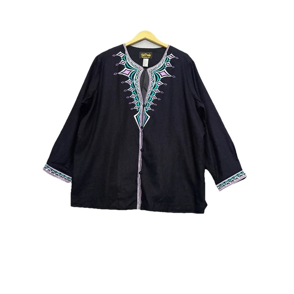 Bob Mackie Wearable Art Jacket Women's Sz 2X Black Embroidered Linen‎ Eclectic